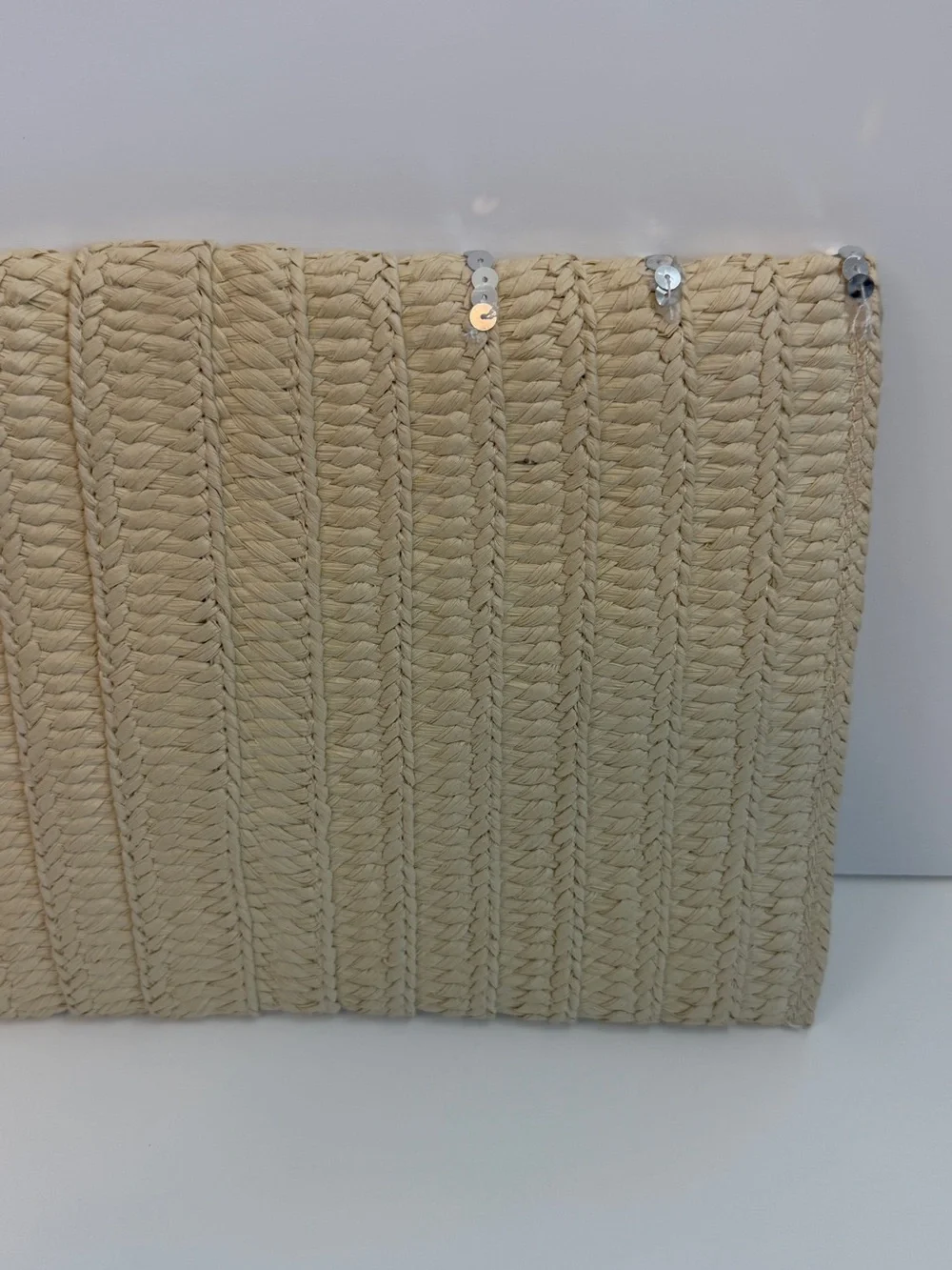 Lane Bryant Beige Straw Clutch with Silver Sequin Accents